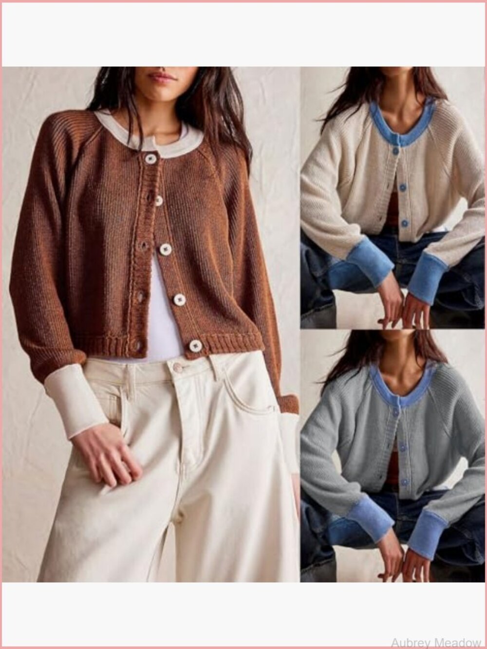 Knitted Button Down Cropped Cardigan Sweater Y2k Color Block Crewneck Short - Picture 4 of 4
